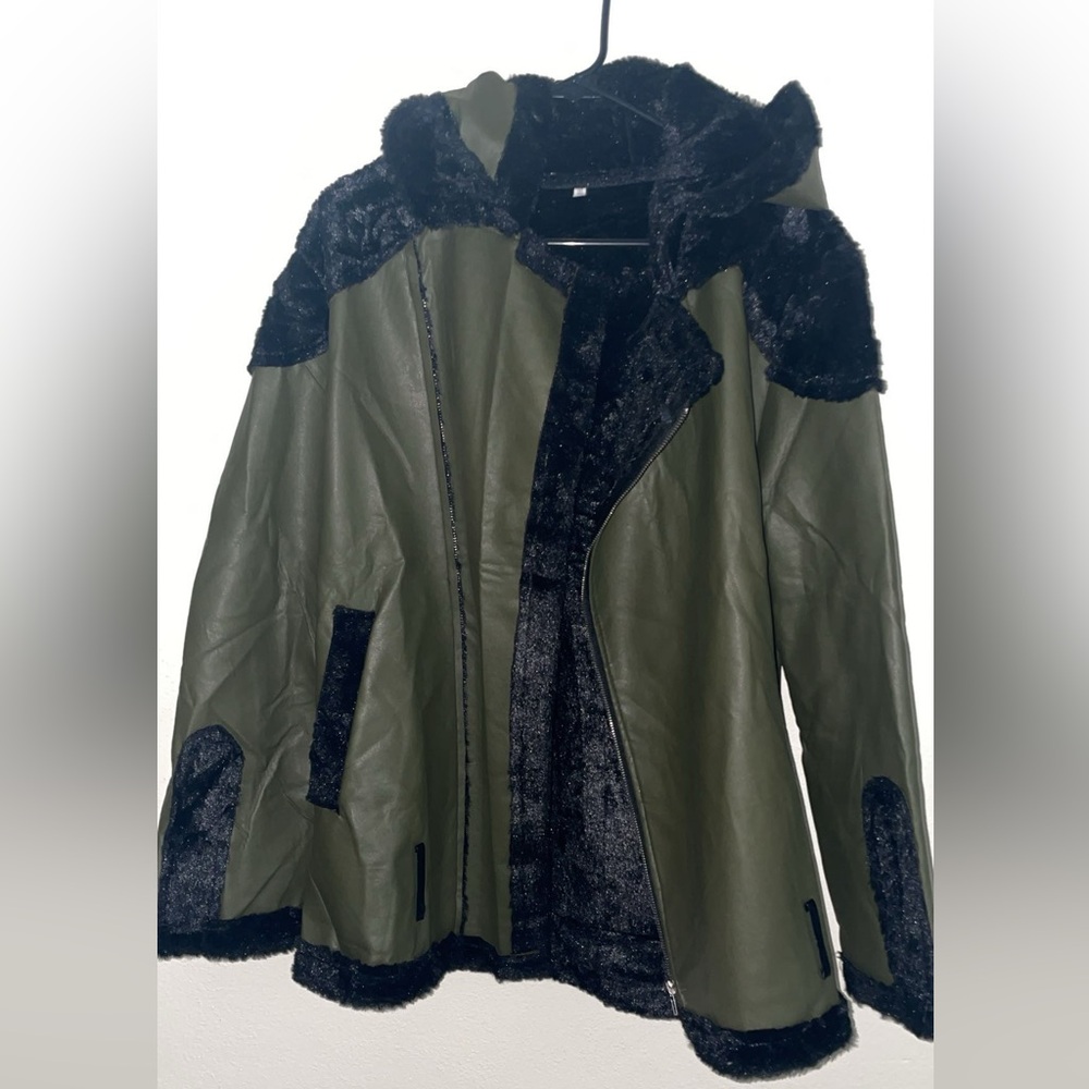 Olive Green Faux Fur Trim Jacket